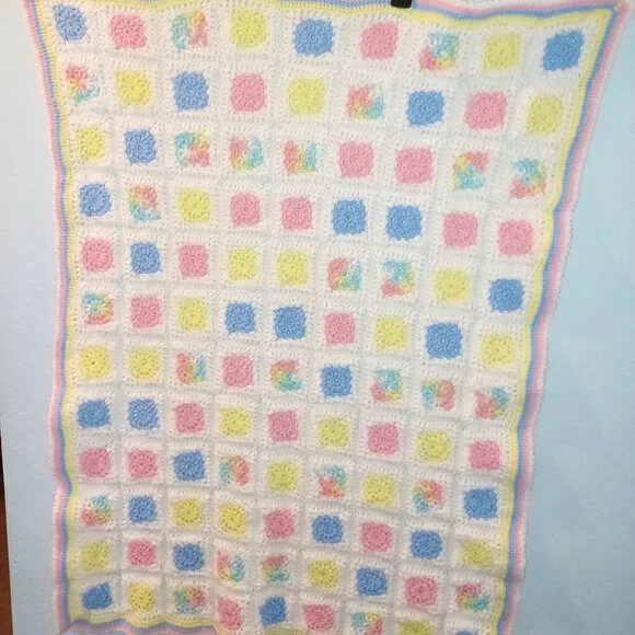 Two Hand Made Crochet Baby Afghans White Pink Yellow Blue - Picture 3 of 10